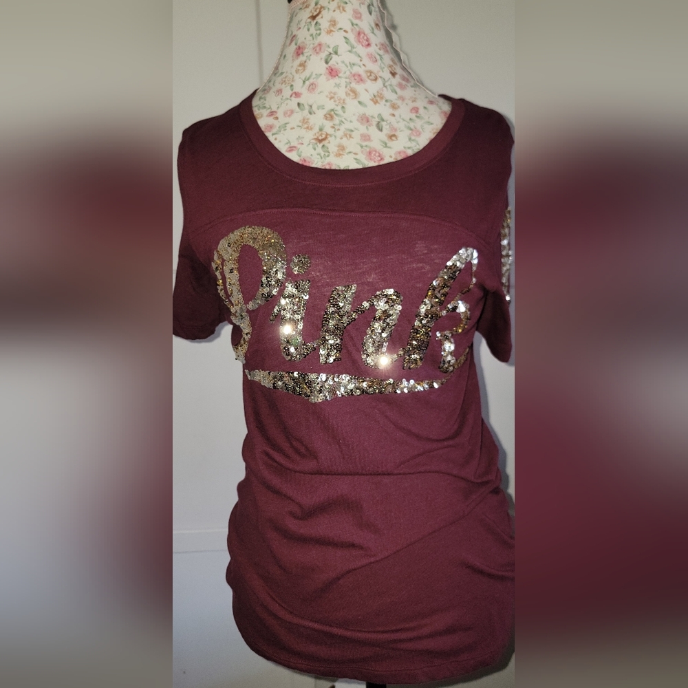 PINK Victoria's Secret Sequin Logo Women's Top - Maroon Size LARGE